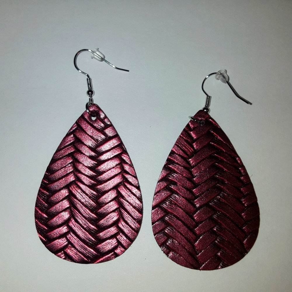 3 FOR $12 Faux Leather Earrings Metallic Maroon/BurgundyWine/Oxblood